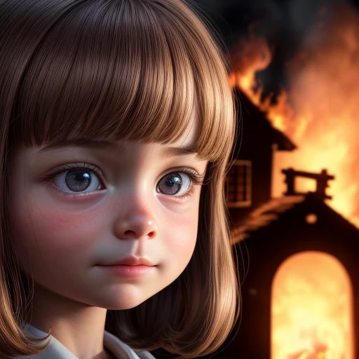 a close up of a little girl with a house in the background