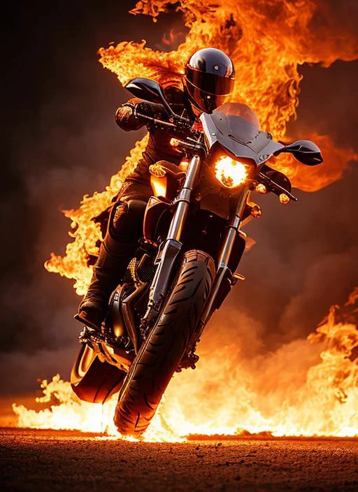 flmngprsn flames, epic fantasy battle Motorcycle burning, epic (photo, studio lighting, hard light, sony a7, 50 mm, hyperrealistic, big depth of field, concept art, colors, hyperrealistic), hyperdetailed <lyco:locon_flmngprsn_v1_from_v1_64_32:0.7>