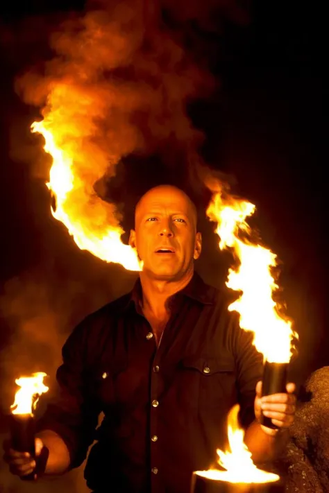 flmngprsn flames,Bruce Willis juggling with burning torches and standing on a rock,<lora:locon_flmngprsn_v1_from_v1_64_32:1>,pyrotechnical masterpiece <lora:add_detail:1>