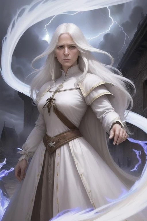 concept_art, (upper_body:1.4), (mature_woman:1.2), (figthing_stance:1.2), (long_white_hair:1.2), (wearing_medieval_mage_clothes:1.4), ultra_realistic, ultra_detailed, looking_at_side, facing_side, background_cataclysmic_thunderstorm thunder_spell CastSpell <lora:flmngprsn:1.0><lora:GoodHands-beta2:1.0>