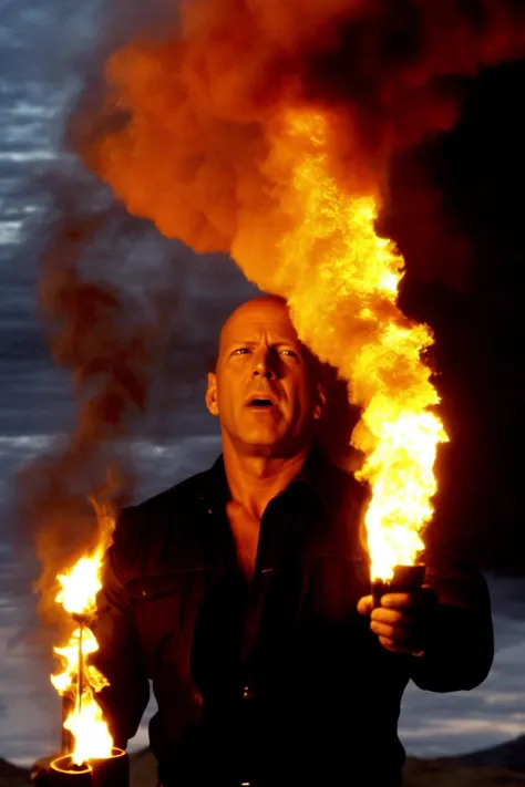 flmngprsn flames,Bruce Willis juggling with burning torches and standing on a rock,<lora:locon_flmngprsn_v1_from_v1_64_32:1>,pyrotechnical masterpiece <lora:add_detail:1>