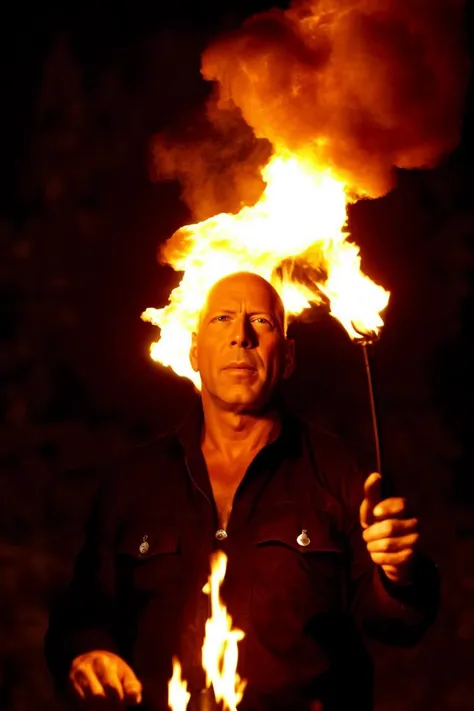 flmngprsn flames,Bruce Willis juggling with burning torches and standing on a rock,<lora:locon_flmngprsn_v1_from_v1_64_32:1>,pyrotechnical masterpiece <lora:add_detail:1>