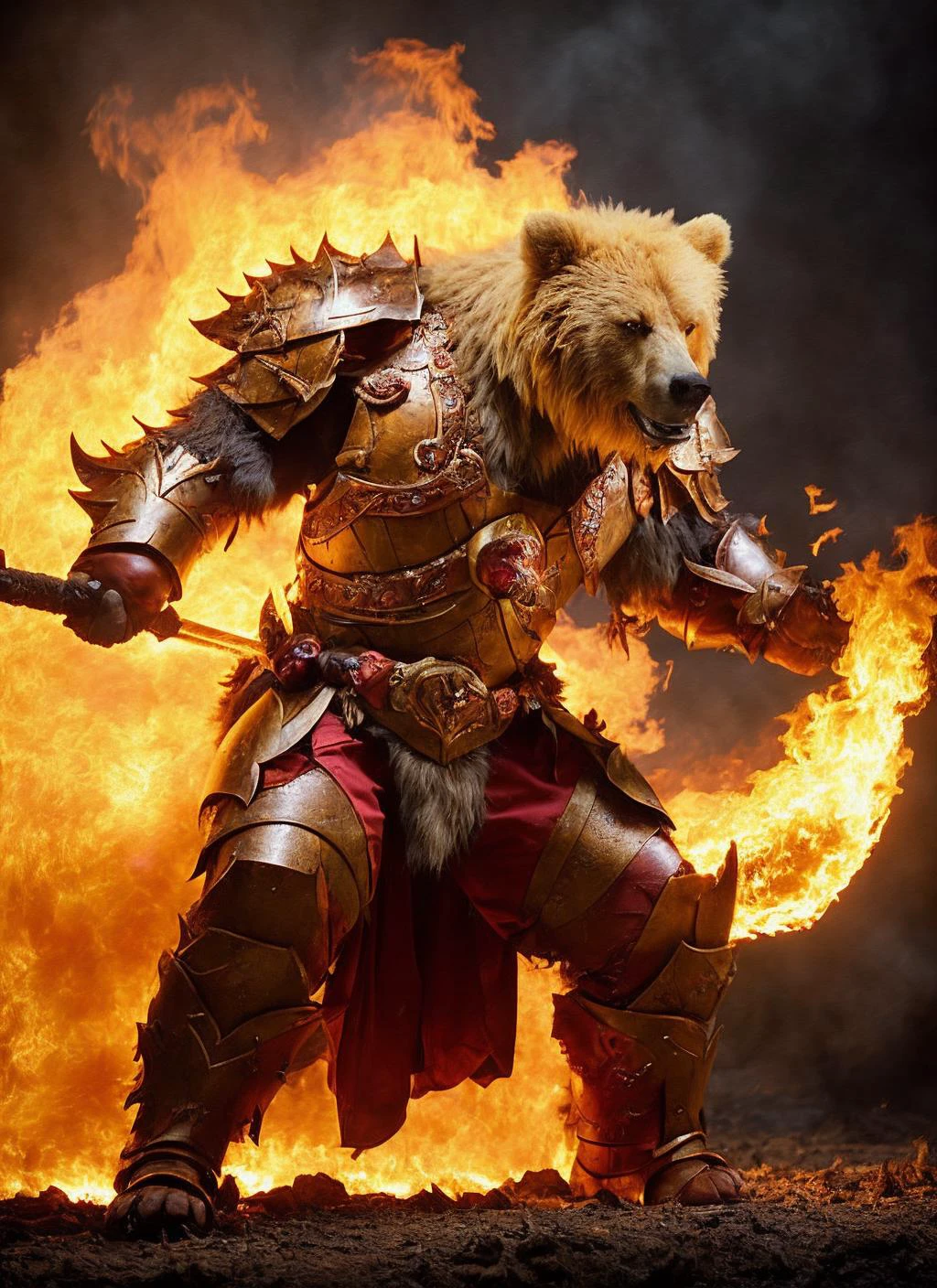 flmngprsn flames, epic fantasy battle bear burning, epic (photo, studio lighting, hard light, sony a7, 50 mm, hyperrealistic, big depth of field, mate skin, pores, wrinkles, concept art, colors, hyperdetailed, hyperrealistic) <lora:locon_flmngprsn_v1_from_v1_64_32:0.7>