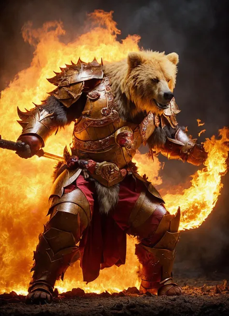 arafed bear dressed in armor holding a sword and fire