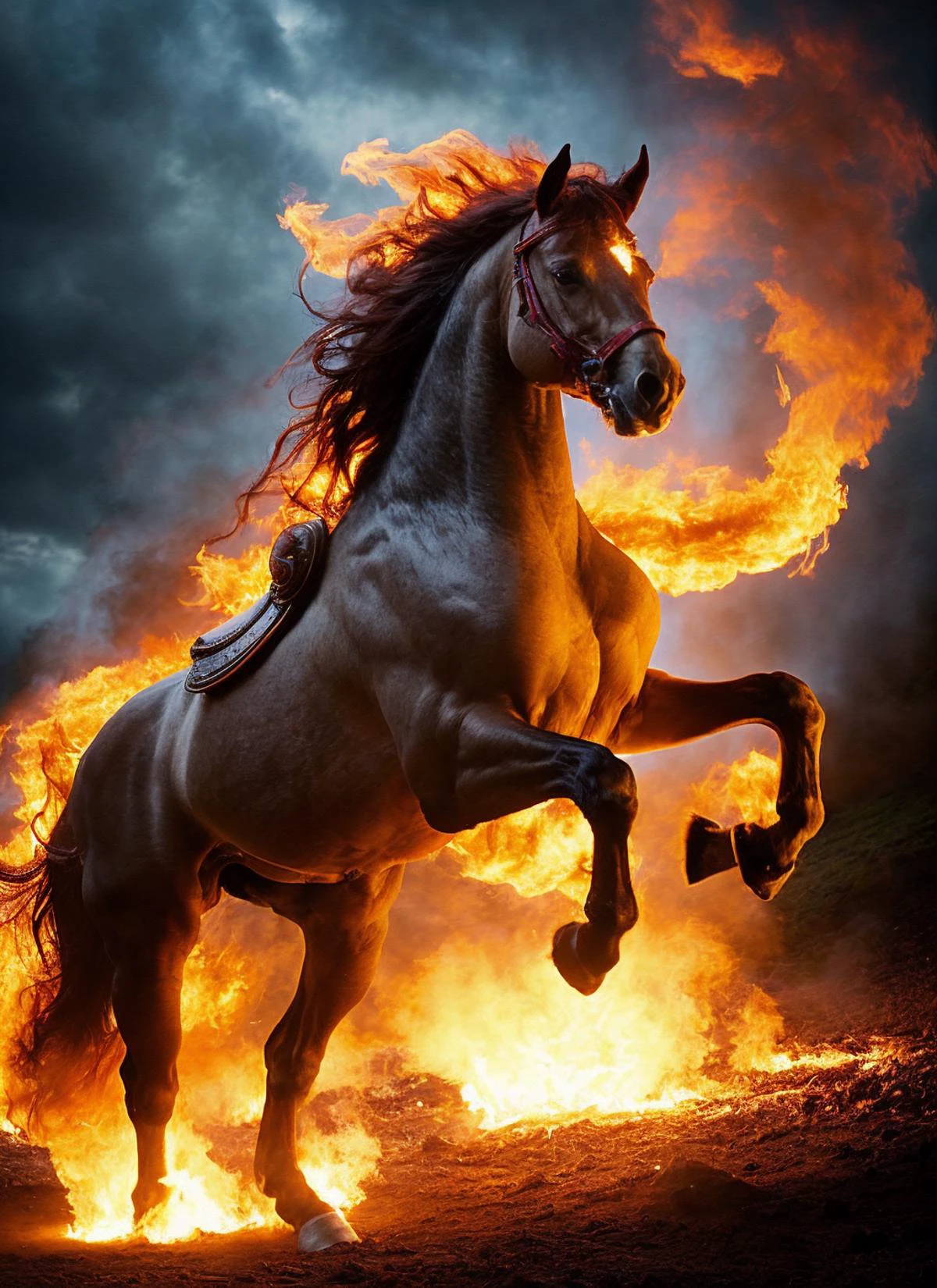 flmngprsn flames, epic fantasy battle horse burning, epic (photo, studio lighting, hard light, sony a7, 50 mm, hyperrealistic, big depth of field, mate skin, pores, wrinkles, concept art, colors, hyperdetailed, hyperrealistic) <lora:locon_flmngprsn_v1_from_v1_64_32:0.7>