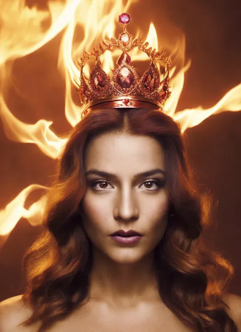 a woman with a crown on her head in front of a fire