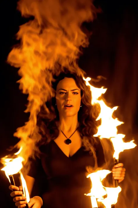 ANalog style, m4gg13s1ff juggling with burning torches, flmngprsn flames, <lora:locon_flmngprsn_v1_from_v1_64_32:1> ,big puffy black hair