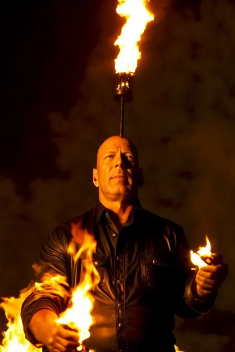 flmngprsn flames,Bruce Willis juggling with burning torches and standing on a rock,<lora:locon_flmngprsn_v1_from_v1_64_32:1>,pyrotechnical masterpiece <lora:add_detail:1>