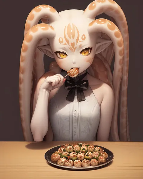 <lyco:sea_angels-NAI-LyCORIS:1>
sengle, 1girl, sitting at a table eating takoyaki , pointy ears, tentacle hair, tentacles, colored skin, finely detailed yellow eyes