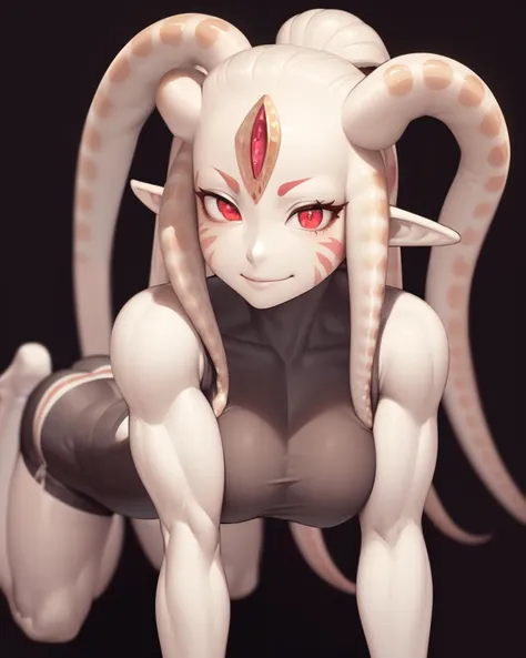 <lyco:sea_angels-NAI-LyCORIS:0.9>
sengle, 1girl,  all fours, facing viewer,  third eye,   muscular female, sleeveless, breasts, smirk, tentacle hair, tentacles, finely detailed red eyes, pointy ears,  colored skin,  black background