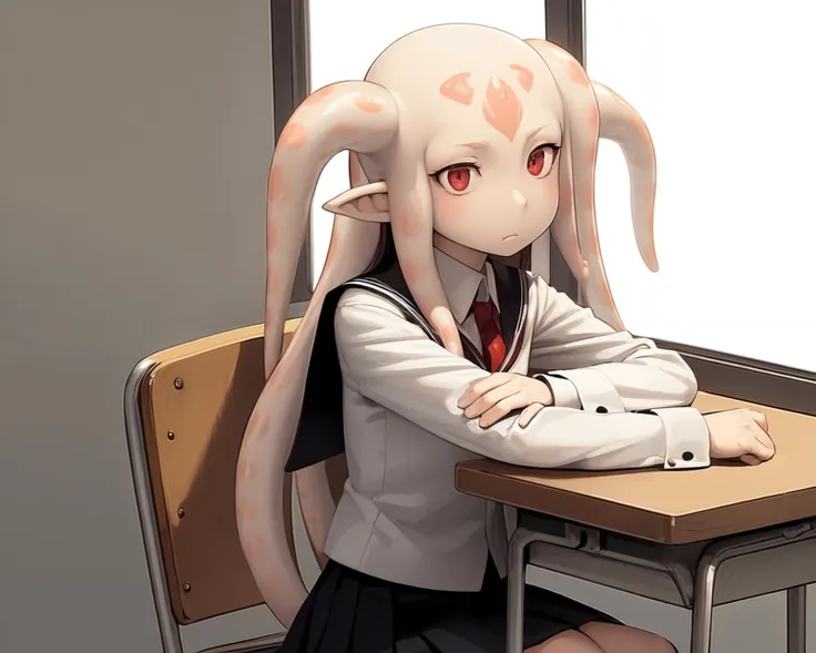 <lyco:sea_angels-NAI-LyCORIS:0.9>
sengle, 1girl, wearing school uniform, sitting at school desk, bored, tentacle hair, finely detailed red eyes, pointy ears