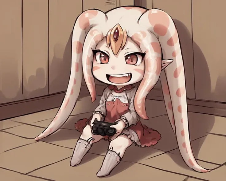 <lyco:sea_angels-NAI-LyCORIS:0.9>
a chibi sengle, 1girl, sitting on the floor playing vidya, tentacle hair, pointy ears, colored_skin, smile, open mouth