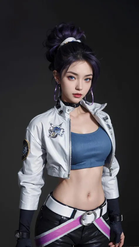 best quality,masterpiece,8k wallpaper,absurdres, highres, ultra detailed, (1 young beautiful girl, solo:1.1),k/da (league of legends), navel,fingerless gloves, cropped jacket,jacket, multicolored hair, samurai ponytail (loanword)ï¼belt, earrings, blonde hair, crop top, midriff, akali, makeup,purple hair, open jacket,two-tone hair, open clothes, blue eyes, lips, triangle earrings, belt buckle, black hair, breasts, black pants, hoop earrings, standing, blue gloves, blue hair, zipper,<lora:Akali_KDA_FUZHUANG4:0.7>
BREAK