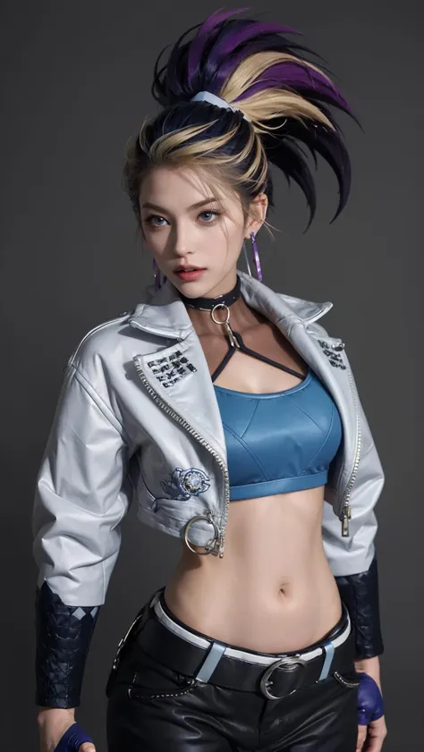 best quality,masterpiece,8k wallpaper,absurdres, highres, ultra detailed, (1 young beautiful girl, solo:1.1),k/da (league of legends), navel,fingerless gloves, cropped jacket,jacket, multicolored hair, samurai ponytail (loanword)ï¼belt, earrings, blonde hair, crop top, midriff, akali, makeup,purple hair, open jacket,two-tone hair, open clothes, blue eyes, lips, triangle earrings, belt buckle, black hair, breasts, black pants, hoop earrings, standing, blue gloves, blue hair, zipper,<lora:Akali_KDA_FUZHUANG4:1>
BREAK