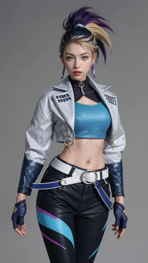 best quality,masterpiece,8k wallpaper,absurdres, highres, ultra detailed, (1 young beautiful girl, solo:1.1),k/da (league of legends), navel,fingerless gloves, cropped jacket,jacket, multicolored hair, samurai ponytail (loanword)ï¼belt, earrings, blonde hair, crop top, midriff, akali, makeup,purple hair, open jacket,two-tone hair, open clothes, blue eyes, lips, triangle earrings, belt buckle, black hair, breasts, black pants, hoop earrings, standing, blue gloves, blue hair, zipper,<lora:Akali_KDA_FUZHUANG4:1>
BREAK