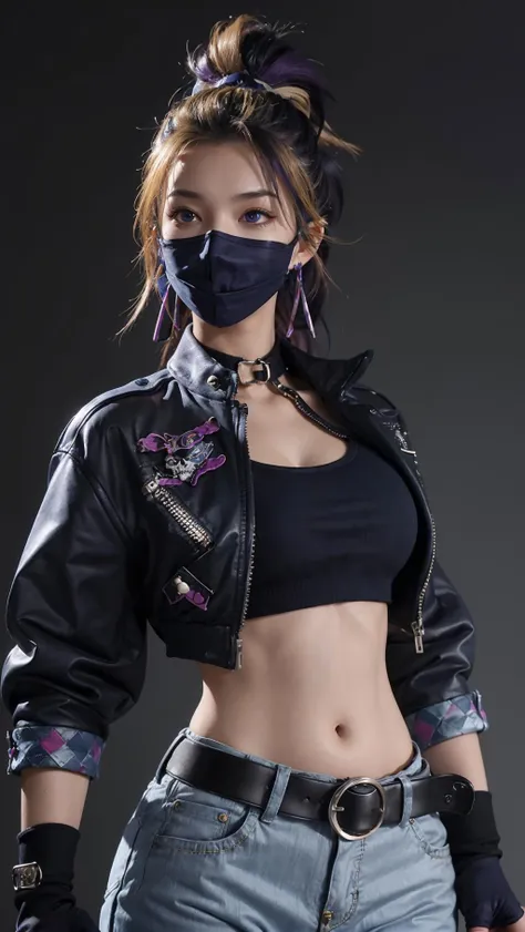 best quality,masterpiece,8k wallpaper,absurdres, highres, ultra detailed, (1 young beautiful girl, solo:1.1),k/da (league of legends),(Skull Mask:1.3), sharp eyes,navel,fingerless gloves, cropped jacket,jacket, multicolored hair, samurai ponytail (loanword)ï¼belt, earrings, blonde hair, crop top, midriff, akali, makeup,purple hair, open jacket,two-tone hair, open clothes, blue eyes, lips, triangle earrings, belt buckle, black hair, breasts, black pants, hoop earrings, standing, blue gloves, blue hair, zipper,<lora:Akali_KDA_FUZHUANG4:0.7>
BREAK