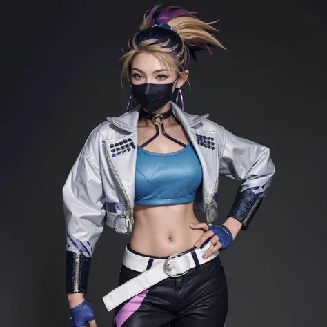 best quality,masterpiece,8k wallpaper,absurdres, highres, ultra detailed, (1 young beautiful girl, solo:1.1),k/da (league of legends), navel,(mask,oni mask:1.3),fingerless gloves, cropped jacket,jacket, multicolored hair, samurai ponytail (loanword)ï¼belt, earrings, blonde hair, crop top, midriff, akali, makeup,purple hair, open jacket,two-tone hair, open clothes, blue eyes, lips, triangle earrings, belt buckle, black hair, breasts, black pants, hoop earrings, standing, blue gloves, blue hair, zipper,<lora:Akali_KDA_FUZHUANG4:1>
BREAK