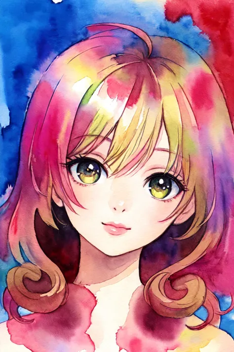 best quality,masterpiece,(watercolor \(medium\),iriscompiet),1girl,solo,ringlets hair,portrait,eyelashes,lips,head tilt,happy,closed mouth,abstract background, multicolored theme,<lora:IrisCompietStyle:0.7>,