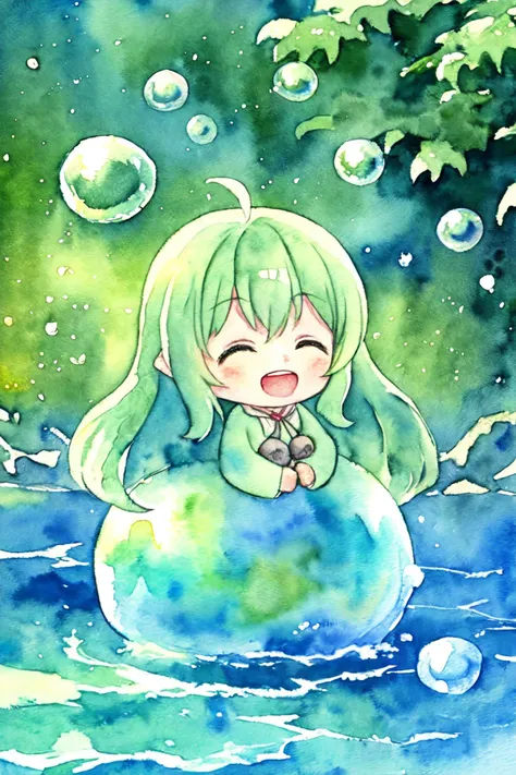 best quality,masterpiece,(watercolor \(medium\),iriscompiet),1girl,solo,chibi,long hair,Seafoam Green hair,laughing,bubble,outdoors,<lora:IrisCompietStyle:0.8>,