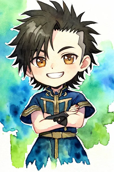 best quality,masterpiece,(watercolor \(medium\),iriscompiet),1boy,solo,mohawk,Bisque hair,grin,chibi,crossed arms,<lora:IrisCompietStyle:0.7>,