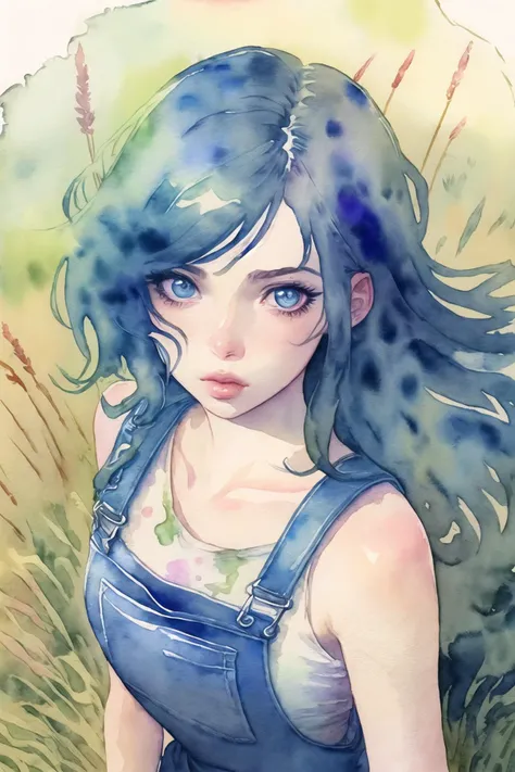 masterpiece,best quality,(watercolor \(medium\),iriscompiet :1.2),vividanime,1girl,solo,lips,wearing overalls,Neon Blue theme,looking at viewer,long hair,wind,grass,from above,<lora:VividAnimeV1.6:0.7>,<lora:IrisCompietStyle:0.7>,