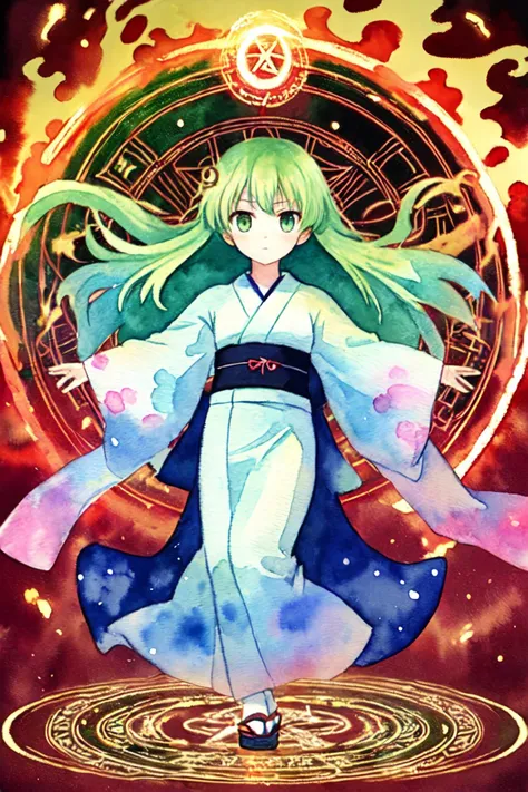 best quality,masterpiece,(watercolor \(medium\),iriscompiet),1girl,solo,long hair,Spring Green hair,wearing yukata,outstretched arms,circle,abstract background,symbols,runes,magic circle,fire,serious look,energy swirling,<lora:IrisCompietStyle:0.7>,