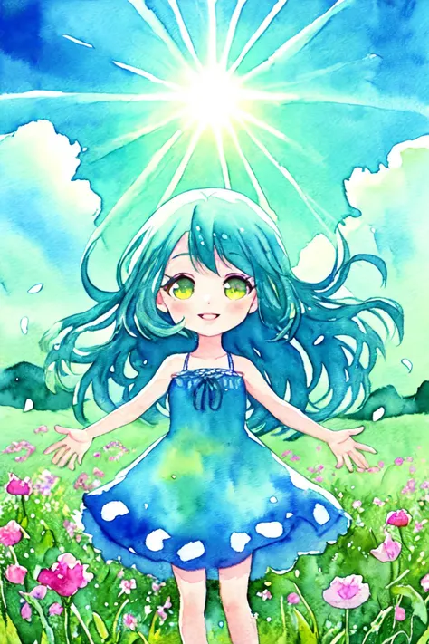 best quality,masterpiece,(watercolor \(medium\),iriscompiet),1girl,solo,chibi,long hair,Cyan hair,eyelashes,lips,flower dress,sunbeam,sky,grass field,happy,outstretched arms,butterfly,wind,gust of wind,petals,multicolored flowers,smile,bare shoulders,<lora:IrisCompietStyle:0.8>,