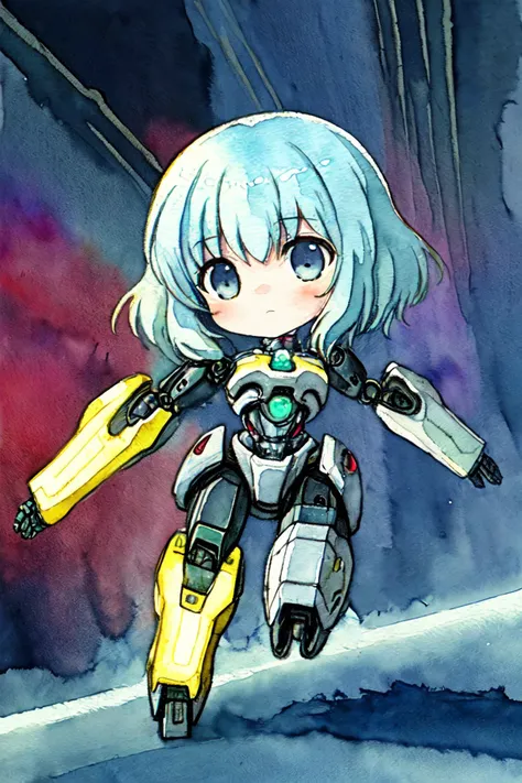 best quality,masterpiece,(watercolor \(medium\),iriscompiet),1girl,solo,chibi,light blue hair,mechanical arms,mechanical legs,science fiction,neon theme,mecha,action scene,dynamic pose,motion lines,<lora:IrisCompietStyle:0.7>,