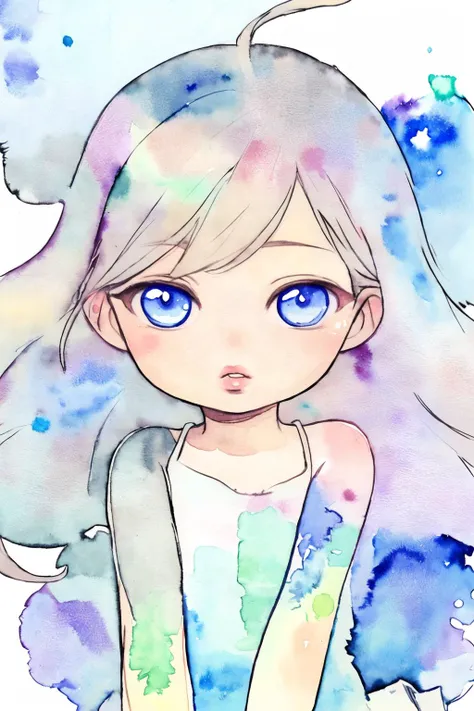 masterpiece,best quality,(watercolor \(medium\),iriscompiet :1.2),vividanime,1girl,solo,lips,Reflex Blue theme,looking at viewer,long hair,wind,chibi,<lora:VividAnimeV1.6:0.7>,<lora:IrisCompietStyle:0.7>,