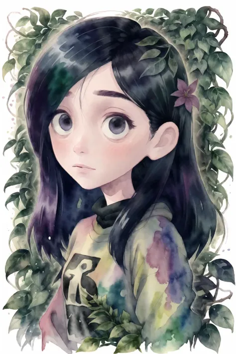 (watercolor \(medium\),iriscompiet:1.17),1girl,solo,<lora:IrisCompietStyle:0.6>,portrait,abstract background,vine,bramble,vegetation,nature,flower,wind,leaf,VioletParr <lora:VioletParr:0.9>, hair over one eye, sweatshirt,