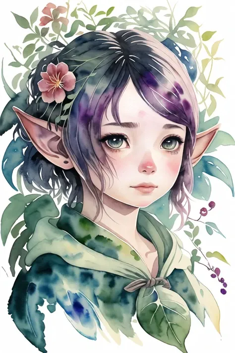 (watercolor \(medium\),iriscompiet:1.17),1girl,solo,<lora:IrisCompietStyle:0.6>,portrait,abstract background,vine,bramble,vegetation,nature,flower,wind,leaf,<lora:lalafell_2nd_gen:0.8>,lalafell,