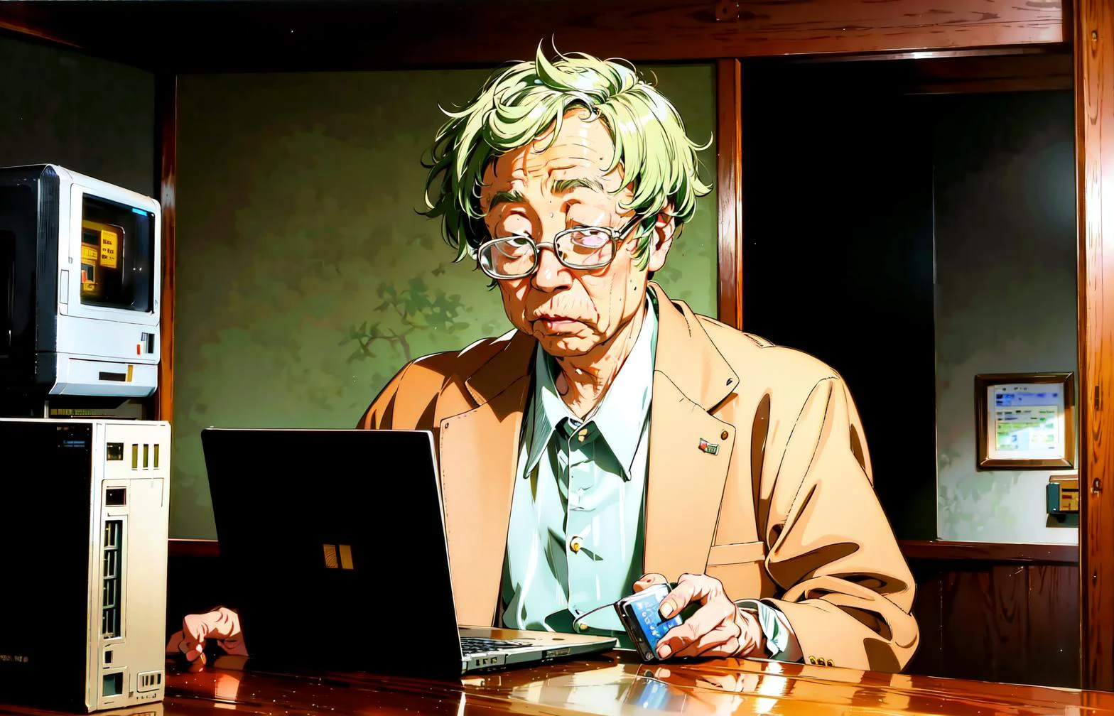 satoshi Realistic photo of a old man named satoshi with glasses and an old broken computer in a house in rural China, holding his bitcoin <lora:satoshiv0.2:0.95>