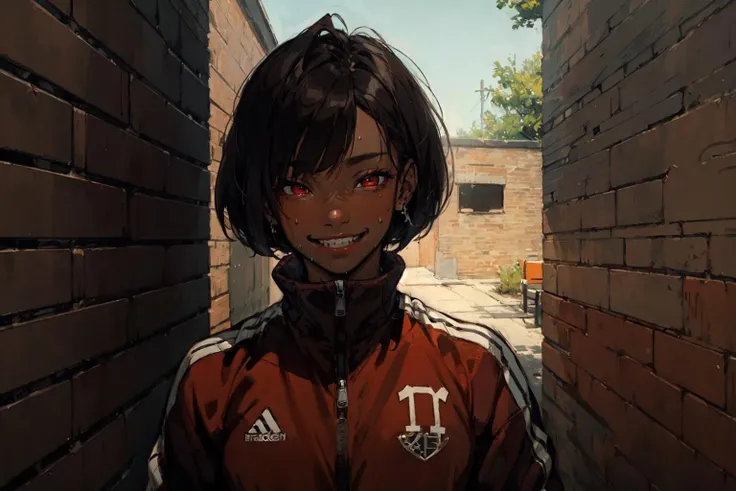 (masterpiece:1), (best quality:1), <lora:brookhaven:1> brookhaven, Brunette, (detailed Red eyes), (Bob haircut), grinning face with sweat, tracksuit, (Highest Quality, Amazing Details:1.25),