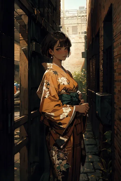 (masterpiece:1), (best quality:1), <lora:brookhaven:1> brookhaven, courtyard, outside, Brunette, (dark eyes), (Short hair), (Blunt Bangs), Confident expression, Standing tall, chin up, Yukata, (Highest Quality, Amazing Details:1.25),