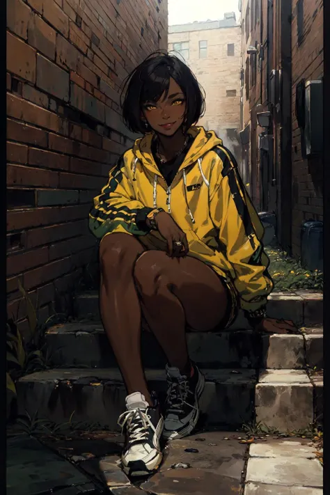 (masterpiece:1), (best quality:1), <lora:brookhaven:1> brookhaven, outside, Brunette, (Yellow eyes), (Bob haircut), sultry smile, sneakers, (Highest Quality, Amazing Details:1.25),