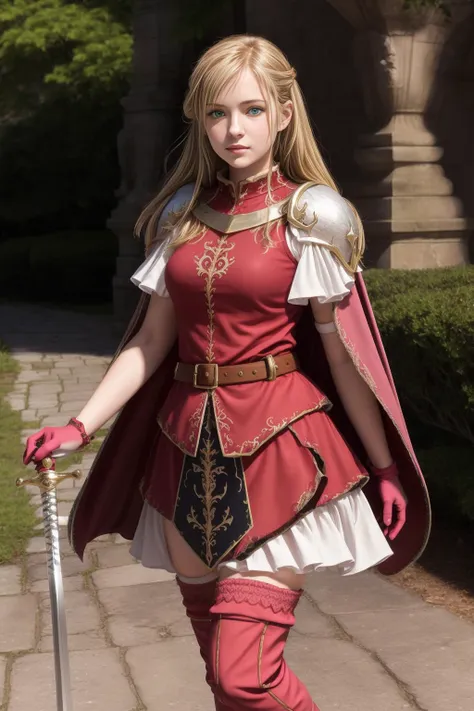 masterpiece, best quality,  18 year old woman standing in a park,<lora:Lachesis_FE-10:1>,lachesis fe,long hair,thighhighs,gloves,skirt,armor,elbow gloves,shoulder armor,cape,boots,zettai ryouiki,thigh boots,blue eyes,jewelry,belt,dress,holding sword