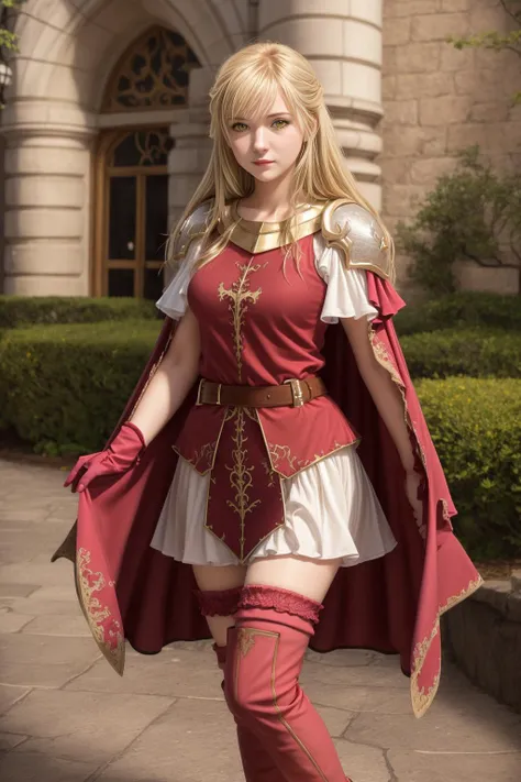 masterpiece, best quality,  18 year old woman standing in a park,<lora:Lachesis_FE-10:1>,lachesis fe,long hair,thighhighs,gloves,skirt,armor,elbow gloves,shoulder armor,cape,boots,zettai ryouiki,thigh boots,(yellow eyes:1.2),jewelry,belt,dress