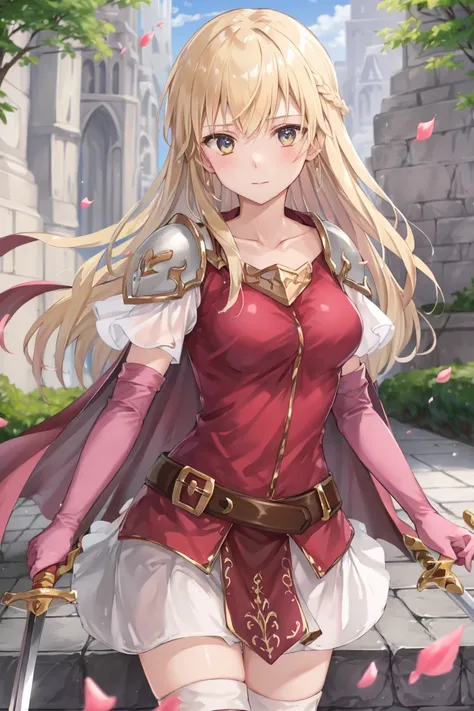 <lora:Lachesis_FE-10:0.75>  lachesis fe, 1girl, solo, long hair, looking at viewer, skirt, thighhighs, gloves, dress, holding, medium breasts, closed mouth, collarbone, weapon, flower, cowboy shot, outdoors, elbow gloves, belt, sword, cape, holding weapon, armor, zettai ryouiki, petals, thigh boots, holding sword, short dress, shoulder armor, sheath, pauldrons, pink gloves