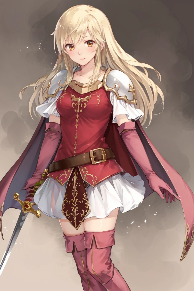 <lora:Lachesis_FE-10:1> lachesis fe, 1girl, solo, long hair, smile, skirt, thighhighs, gloves, weapon, boots, elbow gloves, belt, sword, cape, armor, zettai ryouiki, thigh boots, shoulder armor, pauldrons