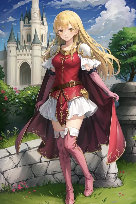 <lora:Lachesis_FE-10:0.9> lachesis fe in front of castle, 1girl, solo, long hair, smile, skirt, thigh boots, elbow gloves, belt, cape, armor, zettai ryouiki, shoulder armor, full body, grass, blue sky