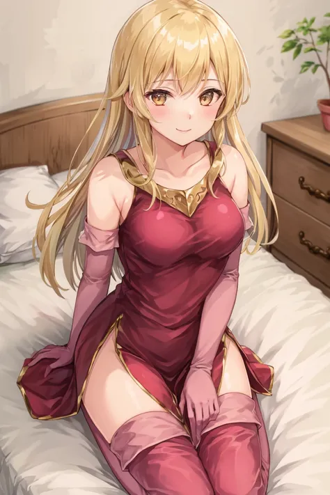 <lora:Lachesis_FE-10:0.6>  lachesis fe, 1girl, solo, long hair, indoors, bed, bedroom, seiza, from above, looking at viewer, smile, hands on own lap, thighhighs, gloves, dress, bare shoulders, elbow gloves, thigh boots, side slit, pink footwear, pink gloves, pink thighhighs