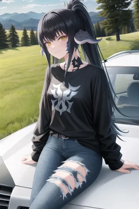 masterpiece, best quality, aurate, long hair, black hair, black tail, t-shirt, logo, long sleeves, jeans, sitting, car, car seat, smirk, arms at sides, on vehicle, looking at viewer, outdoors, blue sky, road, grass, forest, mountainous horizon