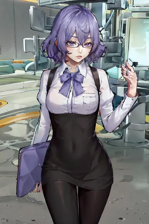 masterpiece, best quality,
solo,
cowboy shot,
<lora:dscs-mirei:0.7>, dscs-mirei, Dress, glasses, <lyco:thiccwithaQ_v2-29:1.0>, thiccwithaq, nyantcha, black dress, dress shirt, purple ribbon, black pantyhose, knee boots,
