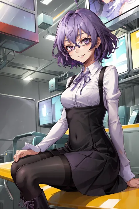 masterpiece,best quality,1girl,mature female,dscs-mirei,short hair,purple hair,purple eyes,glasses,dress,pantyhose,knee boots,black dress,dress shirt,purple ribbon,expressionless,light smile,sitting,<lora:dscs-mirei:0.5>,
