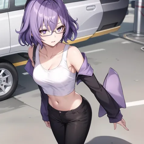 dscs-mirei, crop top jacket pants hat, purple hair, short hair, purple eyes, glasses, medium breasts, collarbone, full body, solo, 1girl, outdoors <lora:dscs-mirei-000002:0.5>
