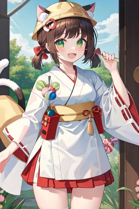 best quality, masterpiece, highres, solo, {white kimono:1.35}, {red hakama:1.35}, {wide sleeves:1.20}, {mutsuki_azurlane:1.15}, animal_ears, cat_ears, brown_hair, open_mouth, green_eyes, twintails, hat, short_twintails, short_hair, ribbon, blush, school_hat, yellow_headwear, low_twintails, animal_ear_fluff, smile, fang, tail, bangs, cat_tail, candy, food, bow, cat_girl, ears_through_headwear