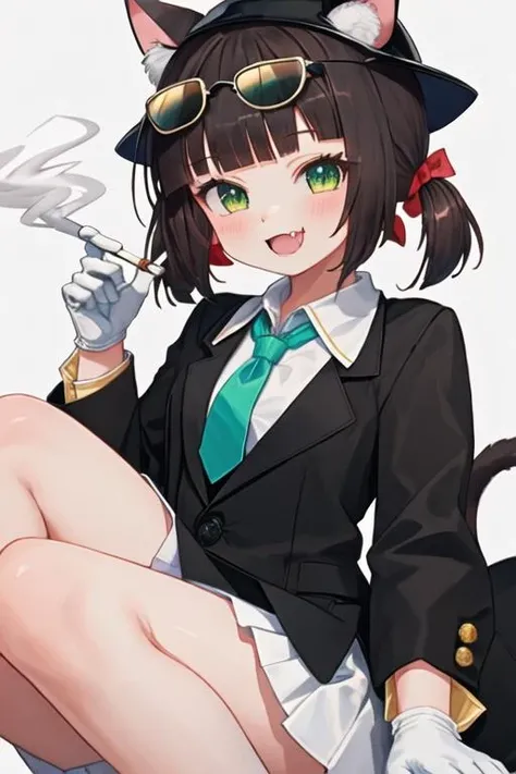 best quality, masterpiece, highres, solo, {black business suit:1.40}, {tie:1.20}, {sunglasses:1.25}, {white gloves:1.15}, {white shirt:1.10}, {black skirt:1.15}, {smoking:1.20}, handsome, {mutsuki_azurlane:1.15}, animal_ears, cat_ears, brown_hair, open_mouth, green_eyes, twintails, hat, short_twintails, short_hair, ribbon, blush, school_hat, yellow_headwear, low_twintails, animal_ear_fluff, smile, fang, tail, bangs, cat_tail, candy, food, bow, cat_girl, ears_through_headwear