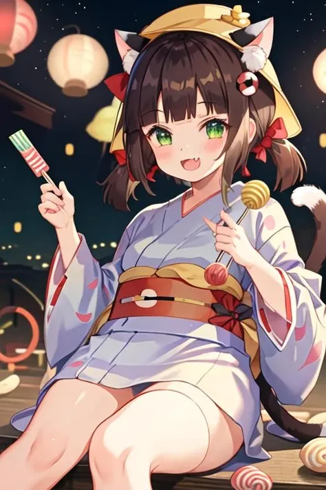 best quality, masterpiece, highres, solo, {yukata:1.40}, {kimono:1.20}, {mutsuki_azurlane:1.15}, animal_ears, cat_ears, brown_hair, open_mouth, green_eyes, twintails, hat, short_twintails, short_hair, ribbon, blush, school_hat, yellow_headwear, low_twintails, animal_ear_fluff, smile, fang, tail, bangs, cat_tail, candy, food, bow, cat_girl, ears_through_headwear