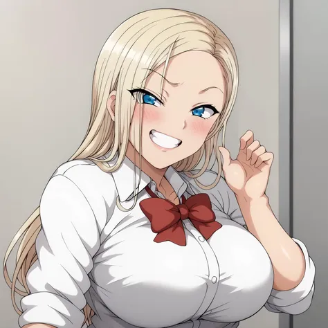 <lora:ReinaKurashikiXLpony001>,grin,blush,
solo,
ReinaKurashiki,1girl,blonde hair,long hair,blue eyes,
large breasts,
white shirt,red bow,sleeves rolled up,