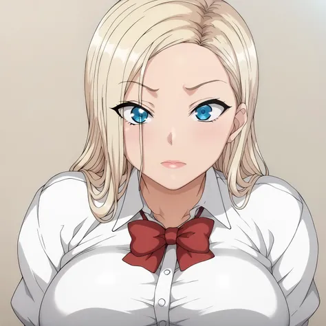 <lora:ReinaKurashikiXLpony001>,
solo,
ReinaKurashiki,1girl,blonde hair,long hair,blue eyes,
large breasts,
white shirt,red bow,
close-up,